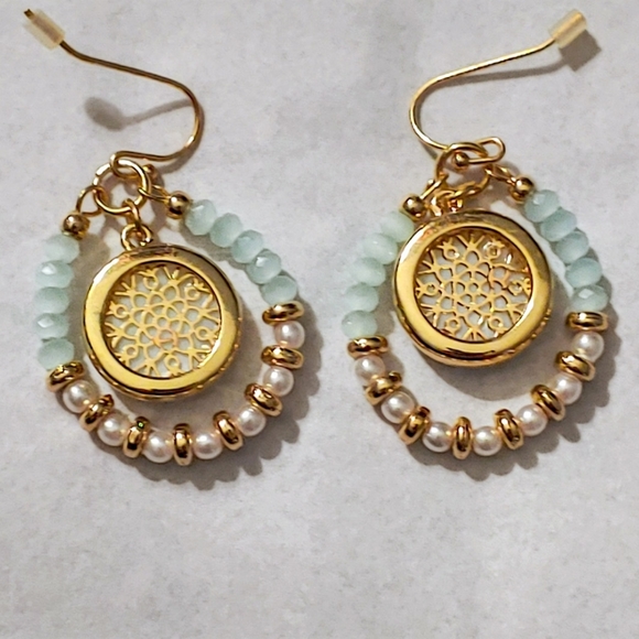Gold Dangle Earrings with Blue and Yellow Center Pendant and Beading - Picture 3 of 3